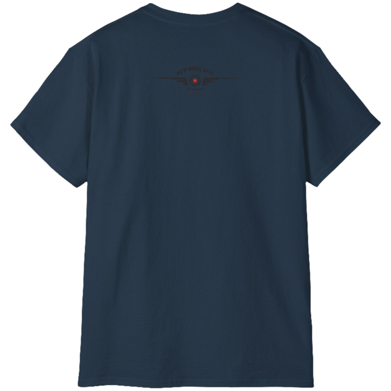 A  deep navy Gymstar t-shirt with a graphic print Brutalica and a barbell in the center, designed for fitness and sports. Rear view.