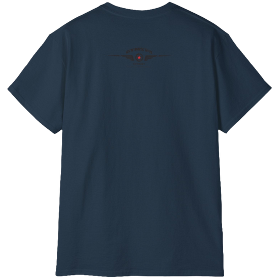 A  deep navy Gymstar t-shirt with a graphic print Brutalica and a barbell in the center, designed for fitness and sports. Rear view.