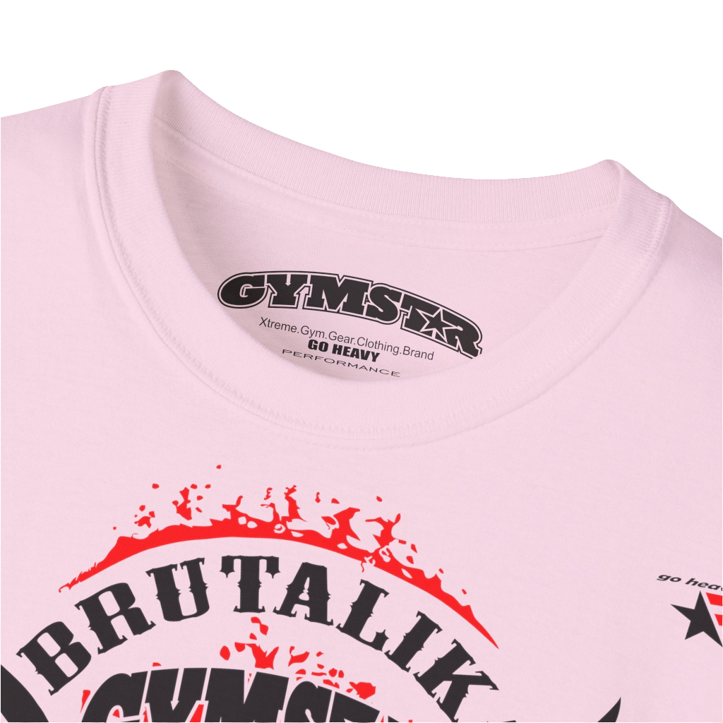 A  pink Gymstar t-shirt with a graphic print Brutalica and a barbell in the center, designed for fitness and sports. Front logo close up view.