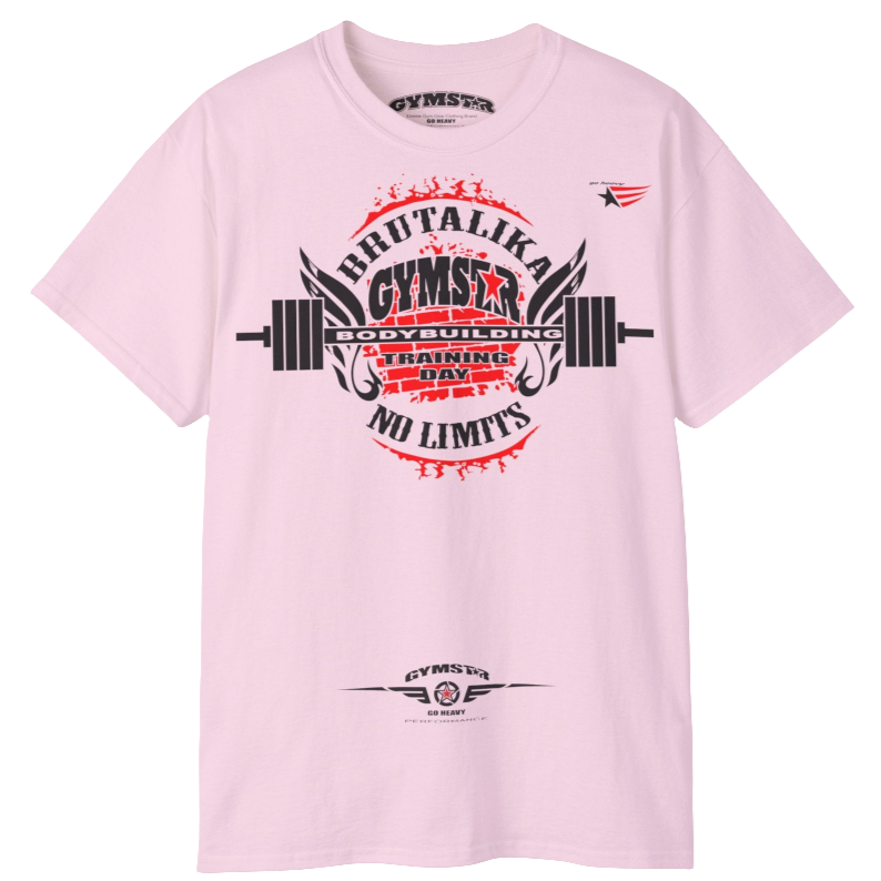 A  pink Gymstar t-shirt with a graphic print Brutalica and a barbell in the center, designed for fitness and sports. Front view.