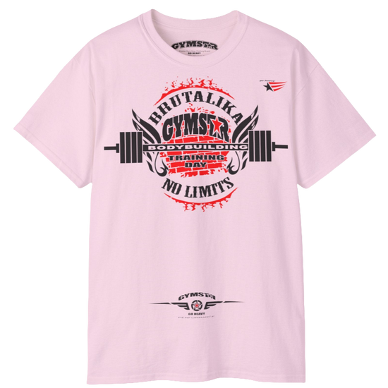 A  pink Gymstar t-shirt with a graphic print Brutalica and a barbell in the center, designed for fitness and sports. Front view.