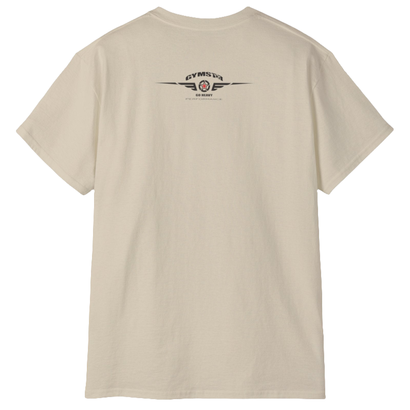 A  beige Gymstar t-shirt with a graphic print Brutalica and a barbell in the center, designed for fitness and sports. Rear view.