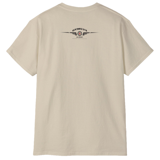 A  beige Gymstar t-shirt with a graphic print Brutalica and a barbell in the center, designed for fitness and sports. Rear view.