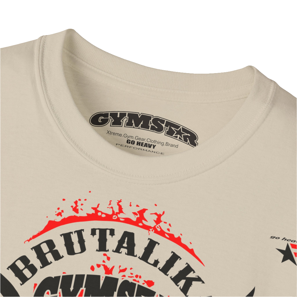 A  beige Gymstar t-shirt with a graphic print Brutalica and a barbell in the center, designed for fitness and sports. Front logo close up view