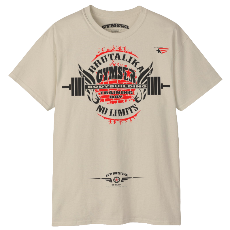 A beige Gymstar t-shirt with a graphic print Brutalika and a barbell in the center, designed for fitness and sports. Front view.