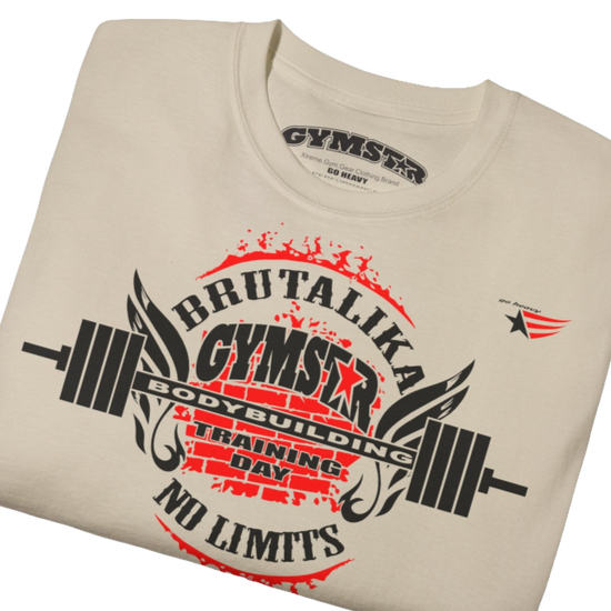 A  beige Gymstar t-shirt with a graphic print Brutalica and a barbell in the center, designed for fitness and sports. Front  close up view