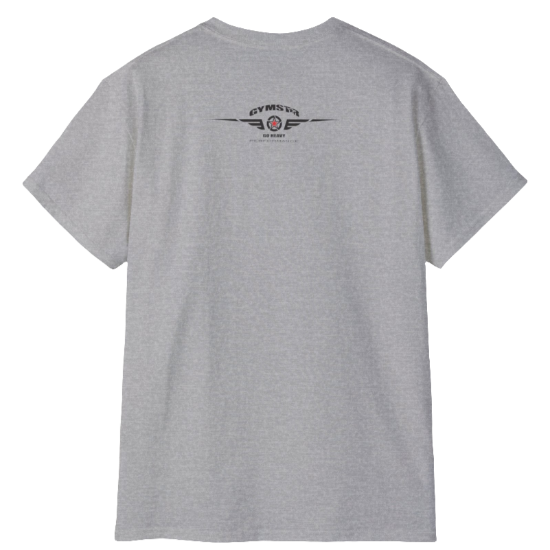 A  silver blue Gymstar t-shirt with a graphic print Brutalica and a barbell in the center, designed for fitness and sports. Rear view