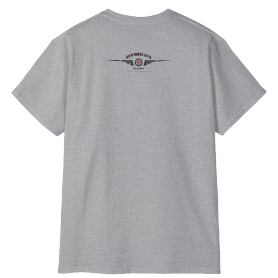 A  silver blue Gymstar t-shirt with a graphic print Brutalica and a barbell in the center, designed for fitness and sports. Rear view