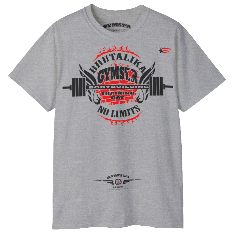 A silver grey Gymstar t-shirt with a graphic print Brutalika and a barbell in the center, designed for fitness and sports. Front view.