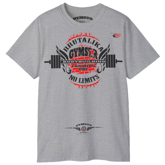A silver grey Gymstar t-shirt with a graphic print Brutalika and a barbell in the center, designed for fitness and sports. Front view.