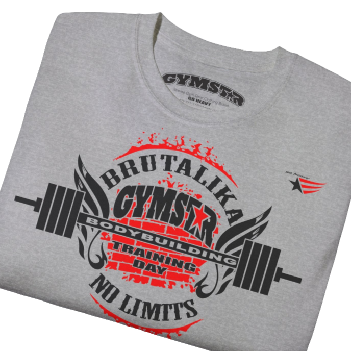 A  silver blue Gymstar t-shirt with a graphic print Brutalica and a barbell in the center, designed for fitness and sports. Front close up view