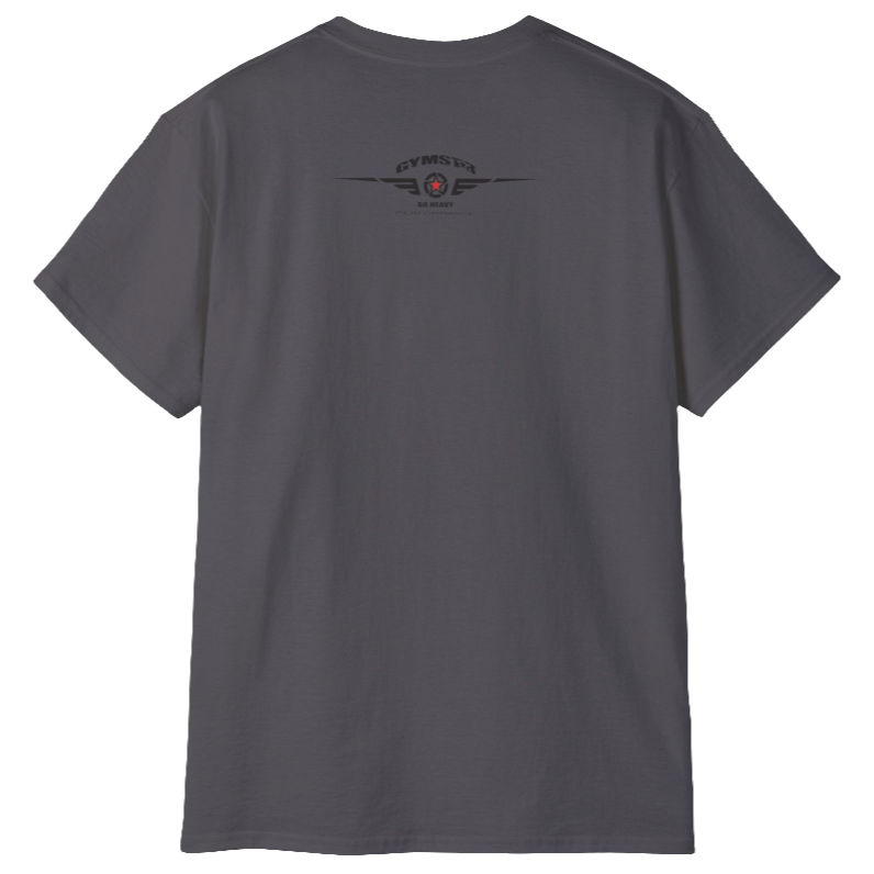 A  sport grey Gymstar t-shirt with a graphic print Brutalica and a barbell in the center, designed for fitness and sports. rear view.