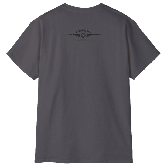 A  sport grey Gymstar t-shirt with a graphic print Brutalica and a barbell in the center, designed for fitness and sports. rear view.