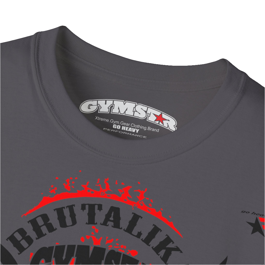 A  sport grey Gymstar t-shirt with a graphic print Brutalica and a barbell in the center, designed for fitness and sports. Front logo close up view.