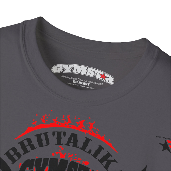 A  sport grey Gymstar t-shirt with a graphic print Brutalica and a barbell in the center, designed for fitness and sports. Front logo close up view.