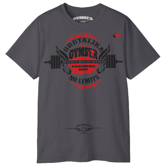A  sport grey Gymstar t-shirt with a graphic print Brutalika and a barbell in the center, designed for fitness and sports. Front view.
