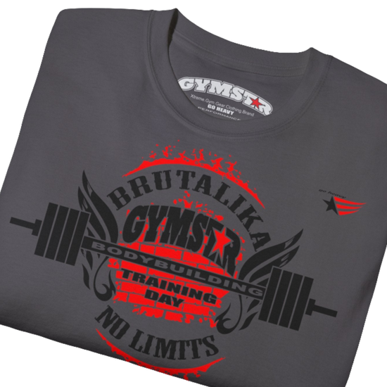A  sport grey Gymstar t-shirt with a graphic print Brutalica and a barbell in the center, designed for fitness and sports. Front  close up view.
