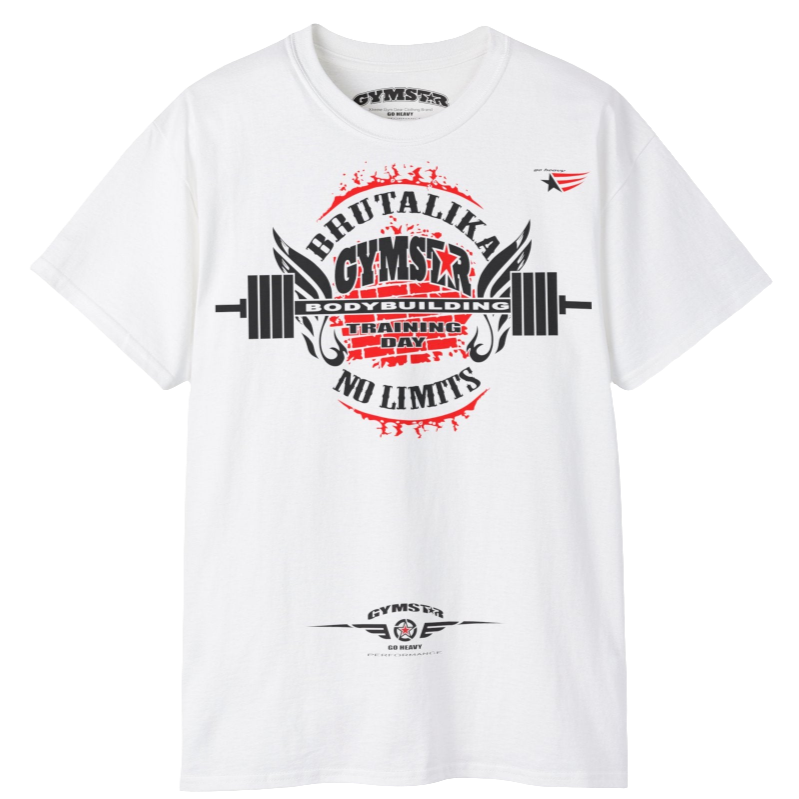 A white Gymstar t-shirt with a graphic print Brutalika and a barbell in the center, designed for fitness and sports. Front view.