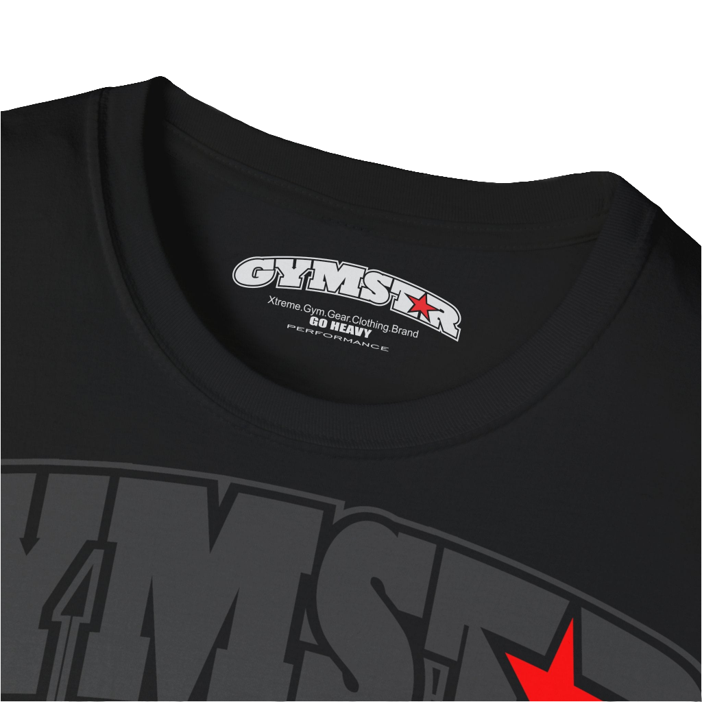 A black Gymstar fitness t-shirt with the brand logo and a motivating design Training Day. Close up view.