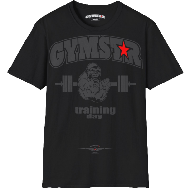 A black Gymstar fitness t-shirt with the brand logo and a motivating design Training Day. Front view.