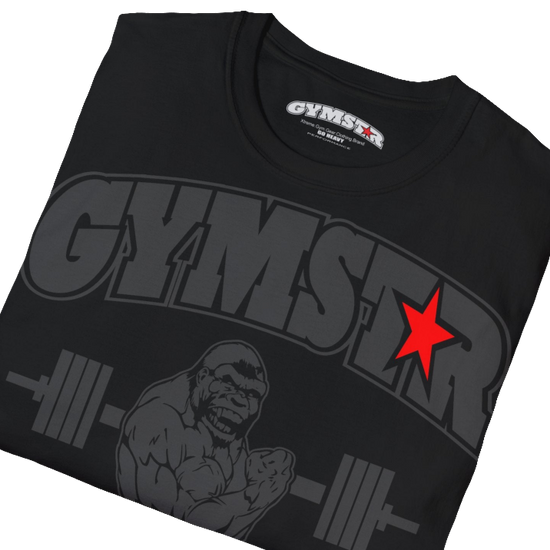 A black Gymstar fitness t-shirt with the brand logo and a motivating design Training Day. Front close up view.