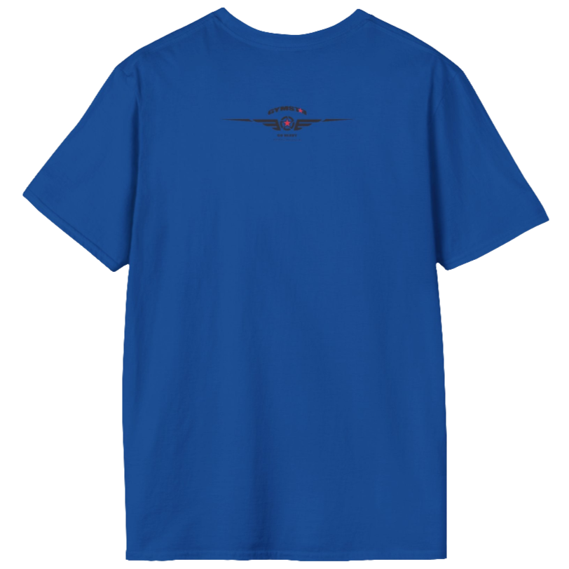 A  blue Gymstar fitness t-shirt with the brand logo and a motivating design Training Day. Rear view.
