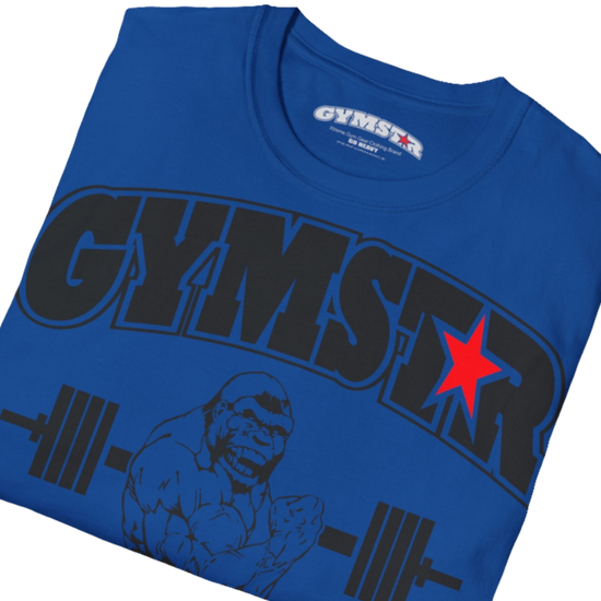 A navy blue Gymstar fitness t-shirt with the brand logo and a motivating design Training Day. Front close up  view.