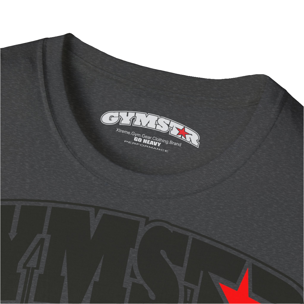 A grey Gymstar fitness t-shirt with the brand logo and a motivating design Training Day. Close up view.