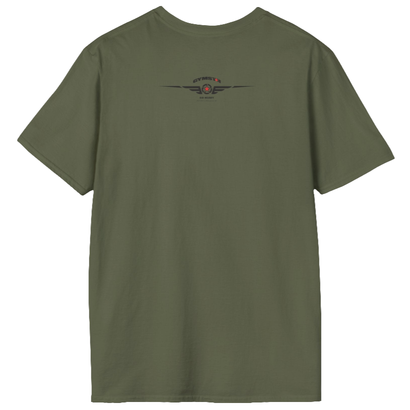 A military green Gymstar fitness t-shirt with the brand logo and a motivating design Training Day. Rear view.