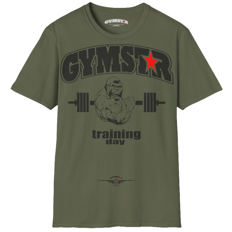 A militari green Gymstar fitness t-shirt with the brand logo and a motivating design Training Day. Front view.