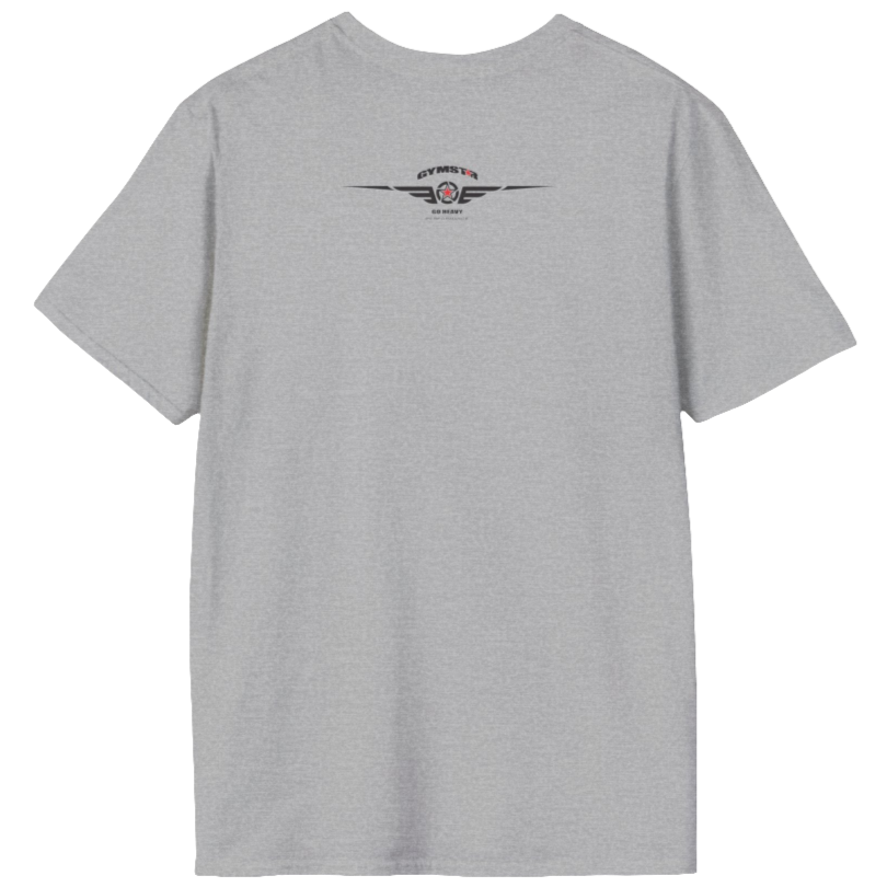 A silver grsy Gymstar fitness t-shirt with the brand logo and a motivating design Training Day. Rear view.