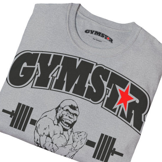 A silver grsy Gymstar fitness t-shirt with the brand logo and a motivating design Training Day. Front close up view.