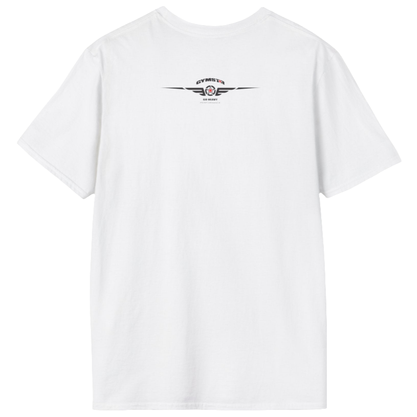 A white Gymstar fitness t-shirt with the brand logo and a motivating design Training Day. Rear view.