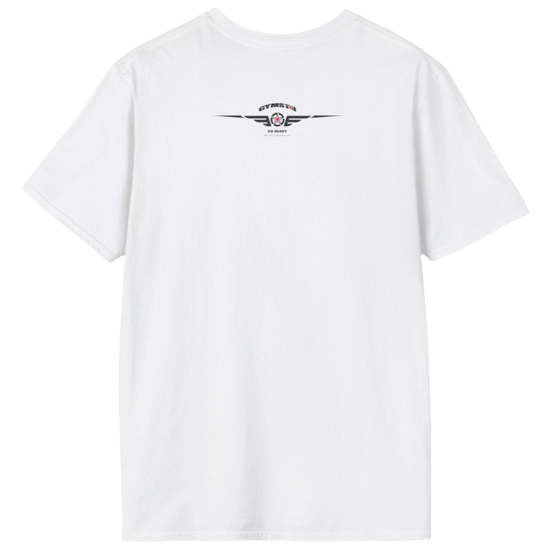 A white Gymstar fitness t-shirt with the brand logo and a motivating design Training Day. Rear view.