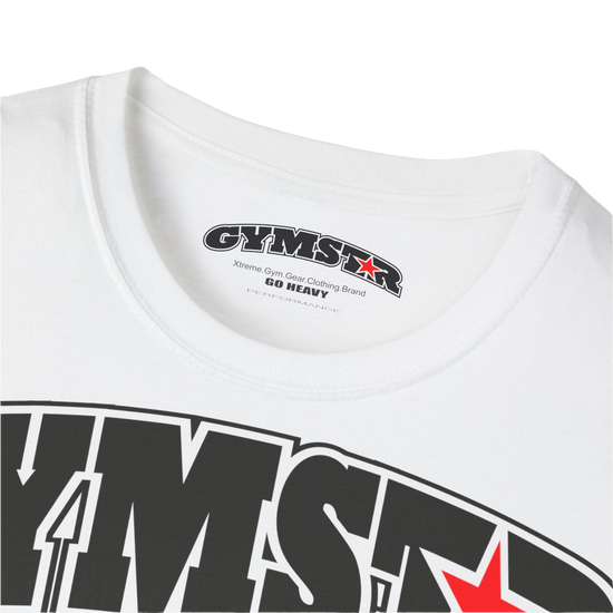 A white Gymstar fitness t-shirt with the brand logo and a motivating design Training Day. Close up view.