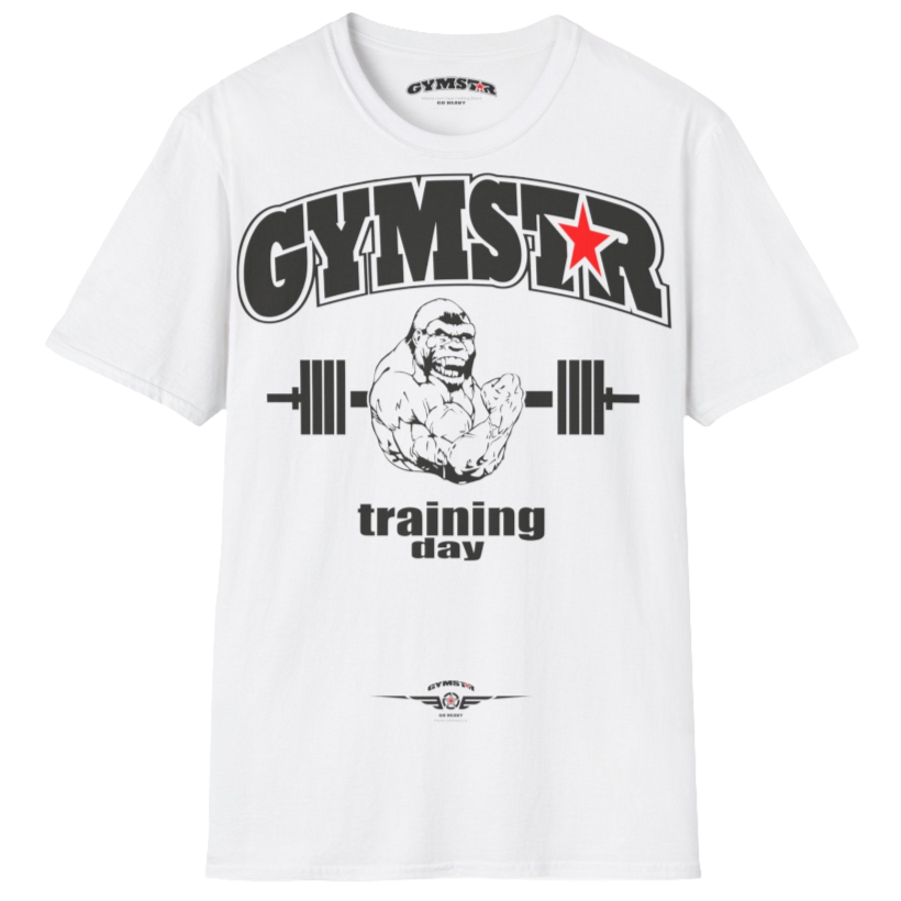 A white Gymstar fitness t-shirt with the brand logo and a motivating design Training Day. Rear view.