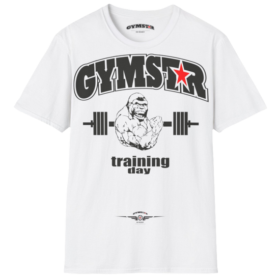 A white Gymstar fitness t-shirt with the brand logo and a motivating design Training Day. Rear view.