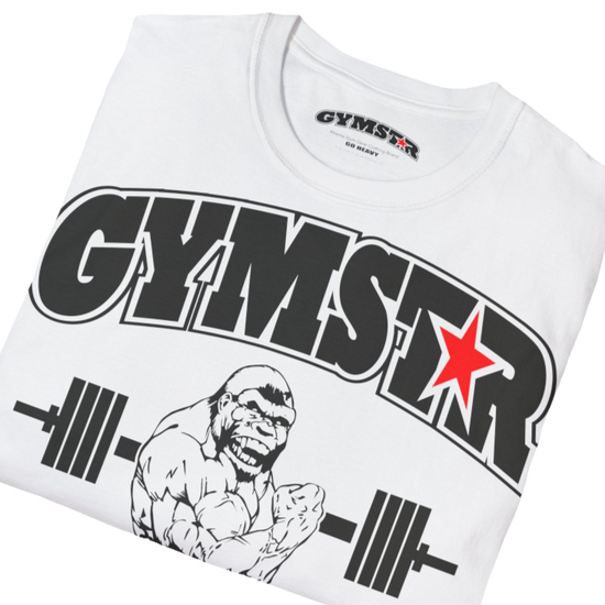 A white Gymstar fitness t-shirt with the brand logo and a motivating design Training Day. Front close up view.
