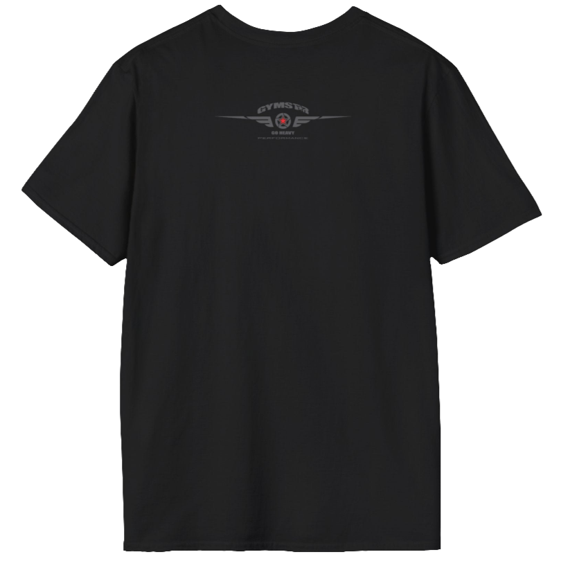 A black Gymstar tee with a red and black graphic that reads 'No Guns No glory' and has a big star and a Man lifting dumbbellsl, presumably bodybulding or fitness. Rear  view.