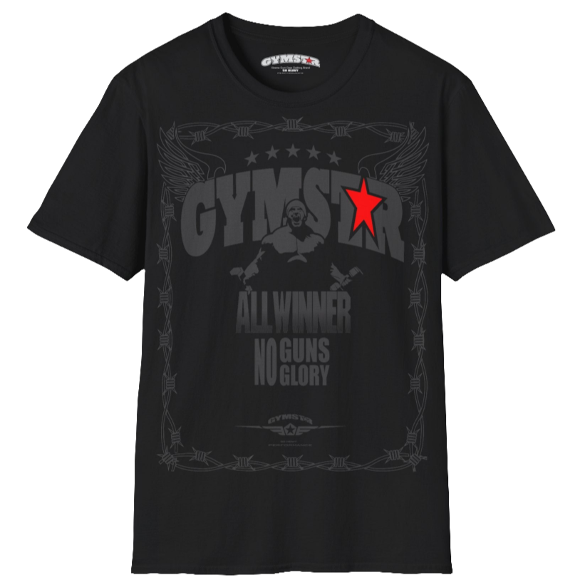 A black Gymstar tee with a red and black graphic that reads 'No Guns No glory' and has a big star and a Man lifting dumbbellsl, presumably bodybulding or fitness. Front view.