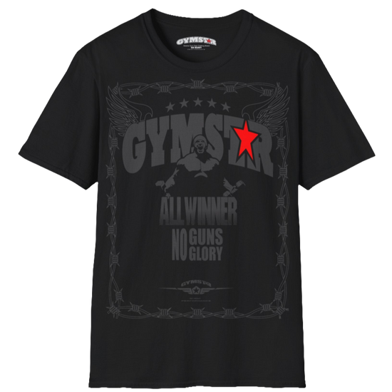 A black Gymstar tee with a red and black graphic that reads 'No Guns No glory' and has a big star and a Man lifting dumbbellsl, presumably bodybulding or fitness. Front view.