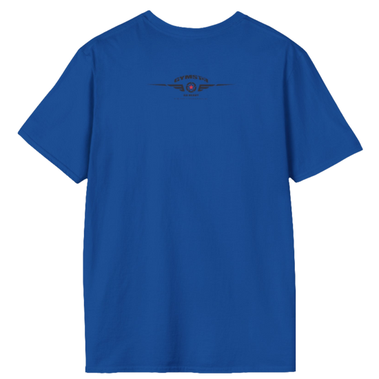 A blue Gymstar tee with a red and black graphic that reads 'No Guns No glory' and has a big star and a Man lifting dumbbellsl, presumably bodybulding or fitness. Rear view.