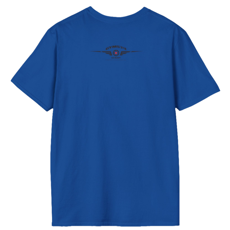 A blue Gymstar tee with a red and black graphic that reads 'No Guns No glory' and has a big star and a Man lifting dumbbellsl, presumably bodybulding or fitness. Rear view.