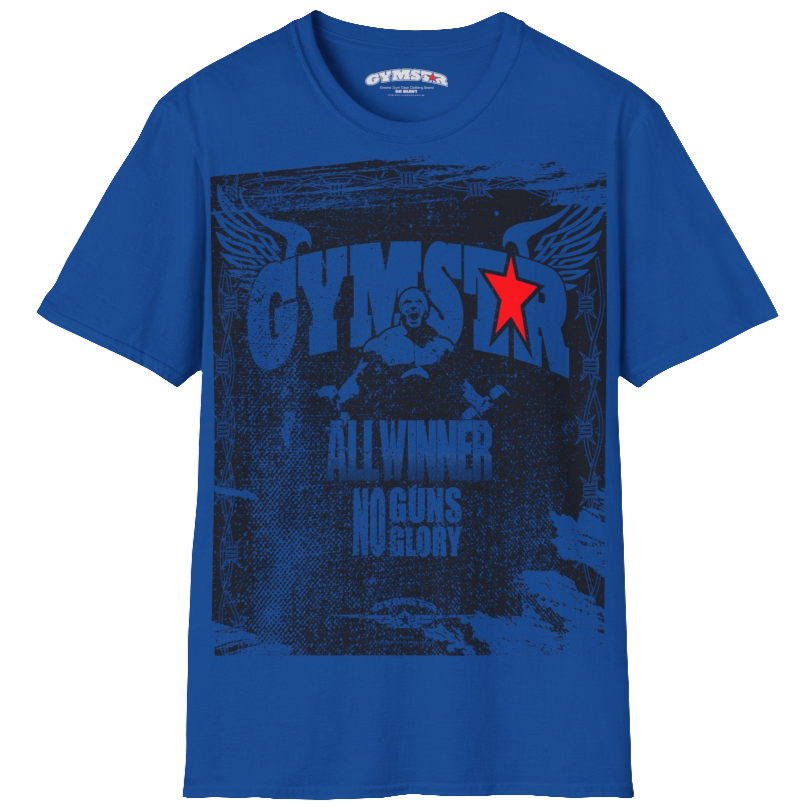 A blue Gymstar tee with a red and black graphic that reads 'No Guns No glory' and has a big star and a Man lifting dumbbellsl, presumably bodybulding or fitness. Front view.