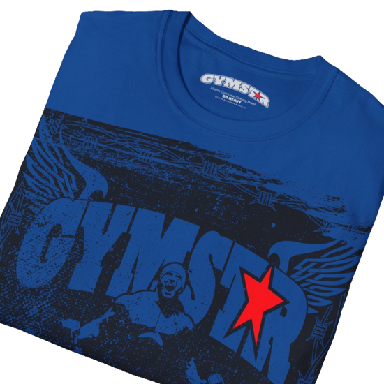 A blue Gymstar tee with a red and black graphic that reads 'No Guns No glory' and has a big star and a Man lifting dumbbellsl, presumably bodybulding or fitness. Close up view.