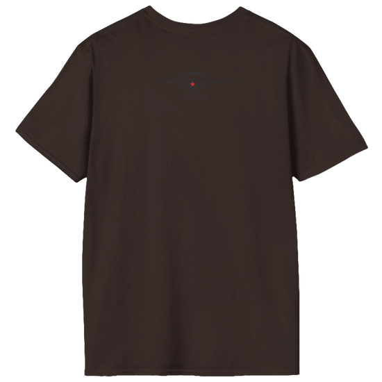 A brown Gymstar tee with a red and black graphic that reads 'No Guns No glory' and has a big star and a Man lifting dumbbellsl, presumably bodybulding or fitness. Rear  view.
