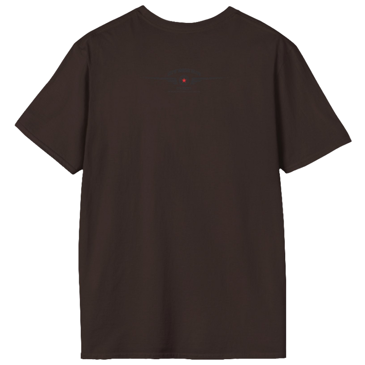 A brown Gymstar tee with a red and black graphic that reads 'No Guns No glory' and has a big star and a Man lifting dumbbellsl, presumably bodybulding or fitness. Rear  view.