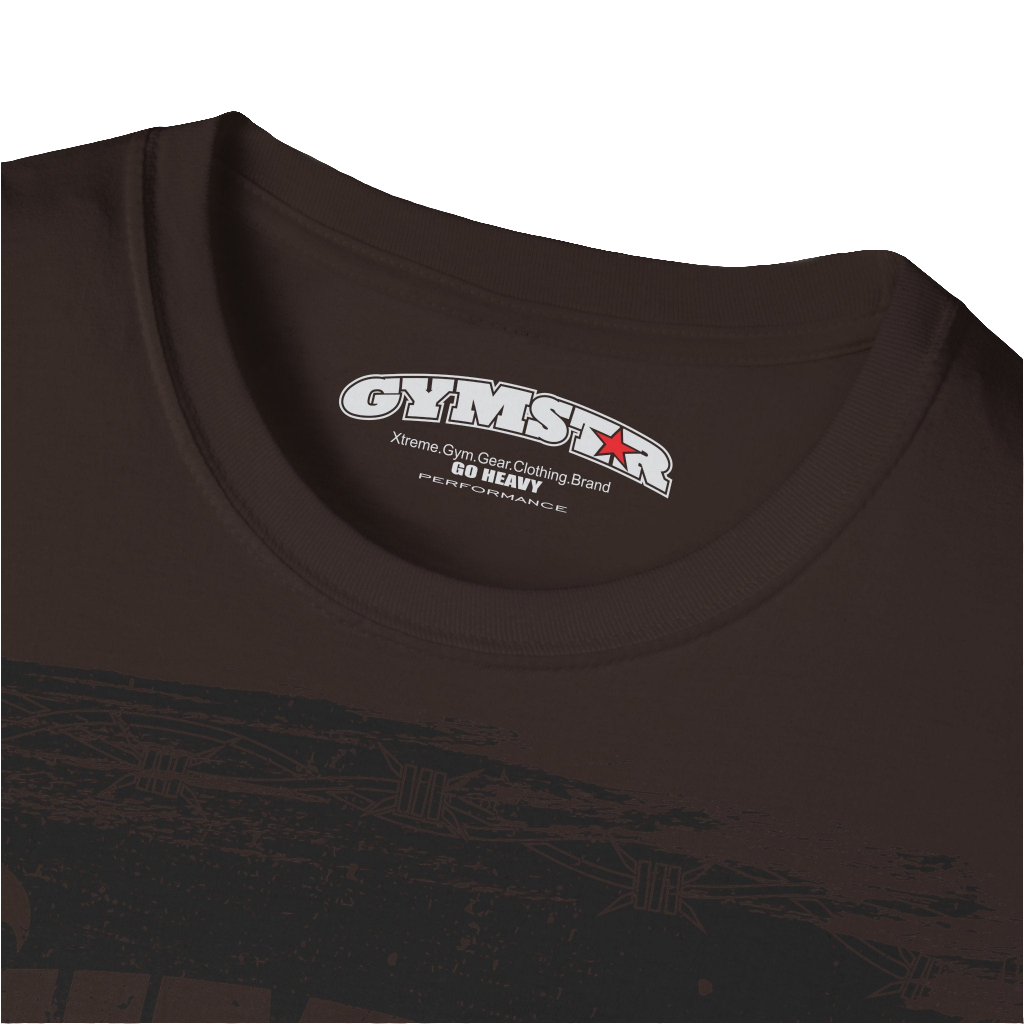 A brown Gymstar tee with a red and black graphic that reads 'No Guns No glory' and has a big star and a Man lifting dumbbellsl, presumably bodybulding or fitness. Logo Close up view.