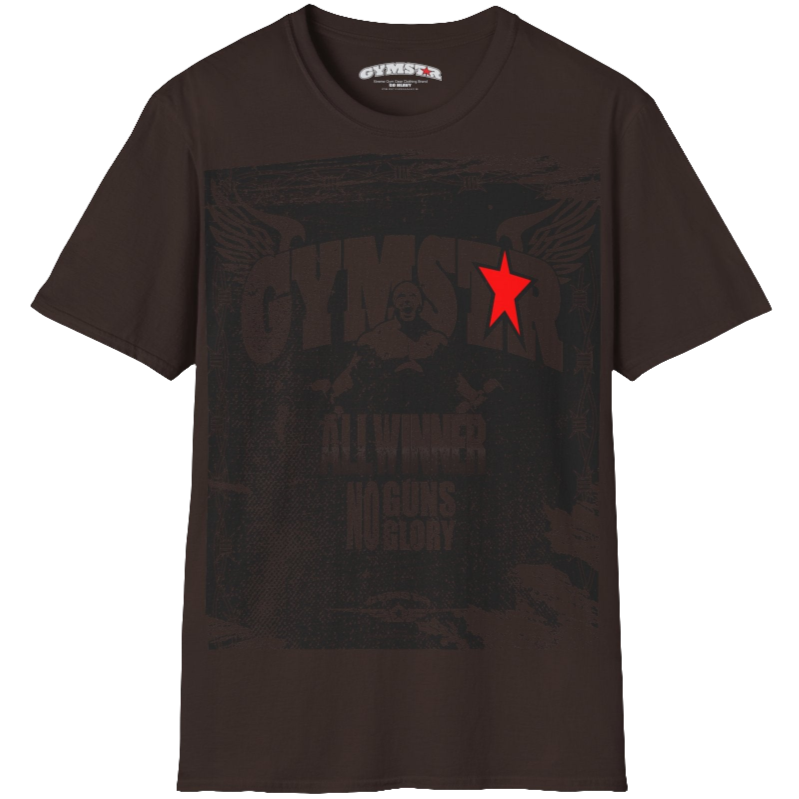 A brown Gymstar tee with a red and black graphic that reads 'No Guns No glory' and has a big star and a Man lifting dumbbellsl, presumably bodybulding or fitness. Front view.