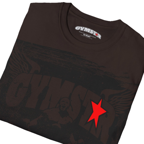 A brown Gymstar tee with a red and black graphic that reads 'No Guns No glory' and has a big star and a Man lifting dumbbellsl, presumably bodybulding or fitness.  Close up view.